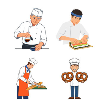 Set of Professional Chefs Preparing Diverse Culinary Specialties and Fresh Baked Goods