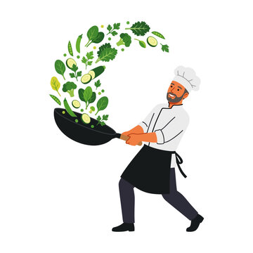 Professional Chef Cooking Fresh Vegetables in a Wok Pan Illustration
