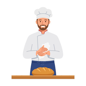 Happy Professional Chef Clapping Flour Hands Over Freshly Baked Loaf of Bread in Bakery Kitchen Illustration