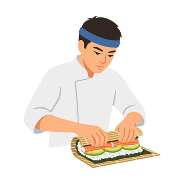 Professional Sushi Chef Carefully Rolling Fresh Maki Rolls with Bamboo Mat
