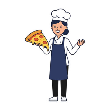 Professional Female Chef Holding A Delicious Slice Of Pepperoni Pizza Vector Illustration