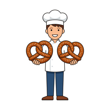 Friendly Baker Character Holding Freshly Baked Salted Pretzels in Professional Uniform