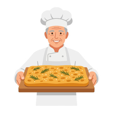 Senior Chef Holding Freshly Baked Focaccia Bread on Wooden Tray