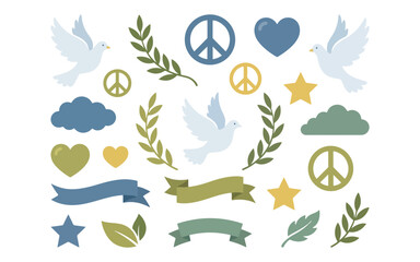 Naklejka premium International peace day vector illustration set featuring white doves olive branches peace symbols hearts stars and banners