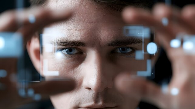 A man s focused gaze through a transparent interface displaying biometric scanning elements and digital overlays
