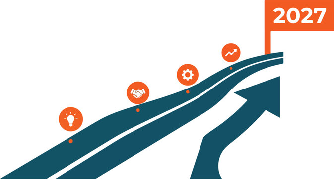 Business strategy roadmap concept with ascending timeline arrow orange icons and target flag for year two thousand twenty seven