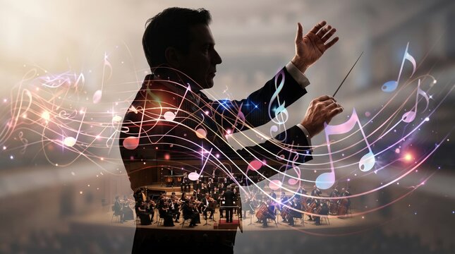 Orchestral conductor leading a symphony performance with animated musical notes swirling around with focus on orchestra notation music.