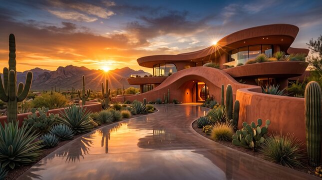 Luxury Modern Desert Home at Sunset with Saguaro Cacti and Mountain Views