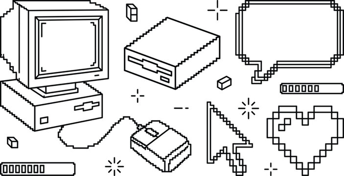 Retro Pixel Art Computer Technology Vector Set with Vintage Monitor Mouse Cursor Speech Bubble Heart and Loading Bar Icons for Nostalgic Gaming Designs
