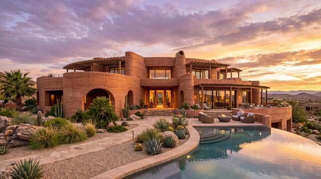 Luxury Desert Mansion with Infinity Pool at Sunset