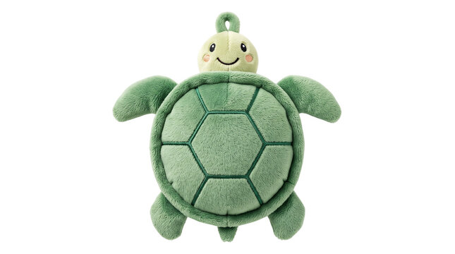 Green plush turtle toy with smiling face, soft fabric sea turtle stuffed animal for kids, cute nursery mascot on white background