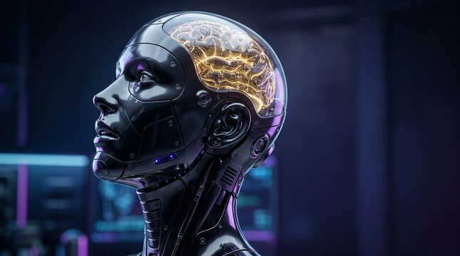 Cybernetic female android profile with glowing artificial brain in futuristic high tech lab