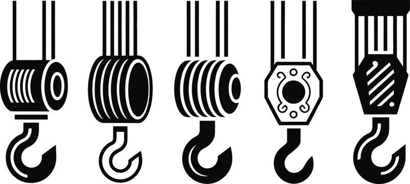Industrial crane hook and hoist block silhouette icon