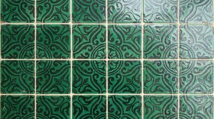 Seamless green vintage decorative tile pattern with floral motif ornate ceramic wall background for interior design.
