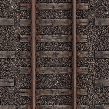 Seamless railway tracks top down view, rustic train tracks background with weathered wooden ties and dark gravel ballast for industrial environment 