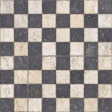 Seamless black and white checkered marble floor texture background, rustic checkerboard stone tiles backdrop with vintage wear for classic architectural rendering