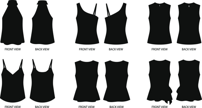 Black silhouette set of women sleeveless tops, camisoles, and blouses showing front and back views on white background