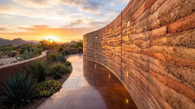 Curved Rammed Earth Wall at Sunset in the Arizona Desert Landscape