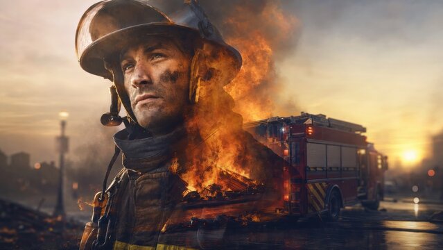 Heroic Firefighter Braving Blaze with Rescue Vehicle and Flames Fire Surrounding him at Dusk with focus on heroism.
