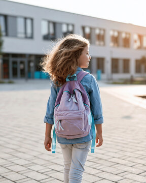 Girl walks toward school, backpack slung over shoulder. Sunlight dances through her flowing, tousled hair. She gazes ahead, focused, unbothered by distance. Modern building looms behind her, quiet