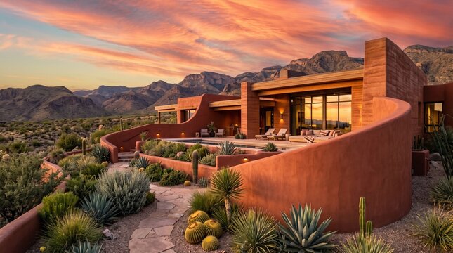 Luxury Desert Home with Pool and Mountain Views at Sunset