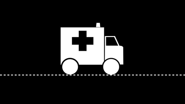 Minimalist white ambulance icon on black background. 4k motion videos