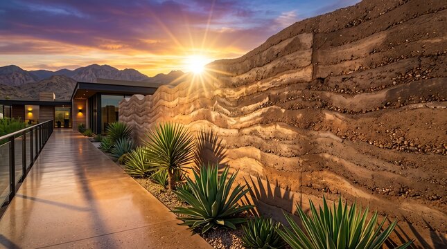Modern Desert Home with Rammed Earth Wall at Sunset