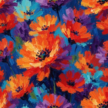 Seamless pattern with colorful oil painted flowers. Vibrant orange red purple blue blossoms on dark background. Creative floral repeat design with thick brushstrokes, expressive texture. Modern