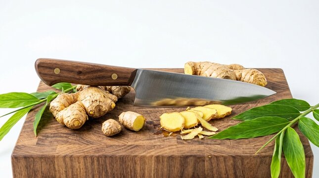 Fresh Ginger Root and Chef Knife on Wooden Cutting Board