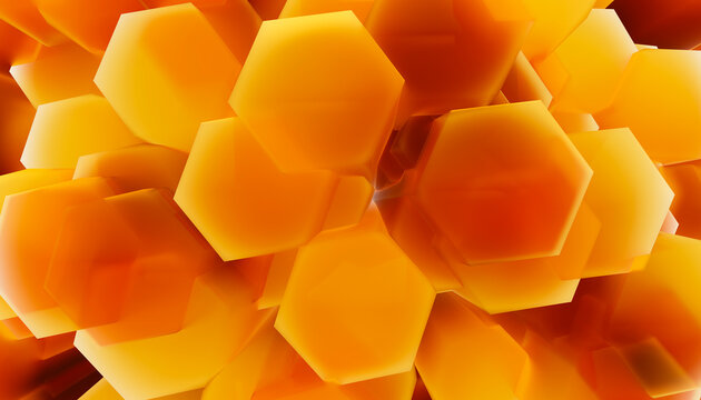 Abstract 3d rendering of glowing orange hexagonal shapes