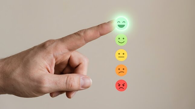 Finger touching glowing happy emoji icon on screen