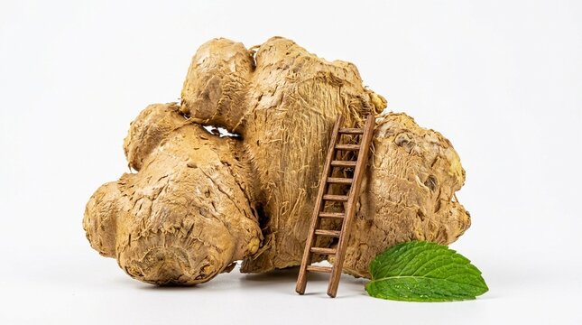 Fresh Ginger Root with Miniature Wooden Ladder and Mint Leaf on White Background