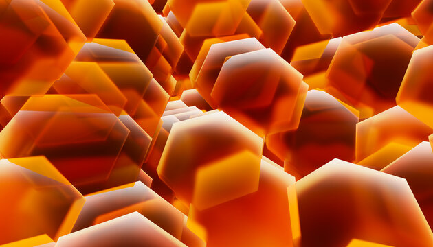 Abstract 3d rendering of glowing orange hexagonal shapes in pattern