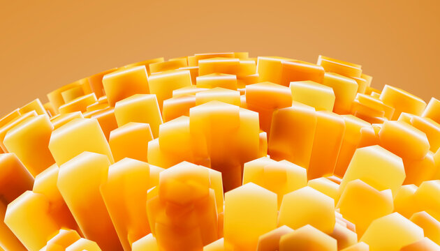 3d rendering of clustered orange hexagonal prisms forming an abstract