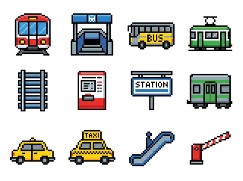 Pixel art public transport and train station icon set