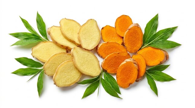 Fresh Sliced Ginger and Turmeric Roots with Green Leaves Isolated on White
