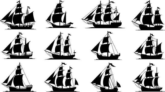 Vintage black ship silhouettes collection featuring sailing vessels, pirate ships, galleons, caravels, and nautical tall boat icons vector set