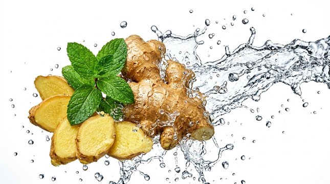 Fresh Ginger Root and Mint Leaves with Water Splash on White Background