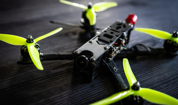 Diy Assembled Fpv Drone Quadcopter On A Black Table