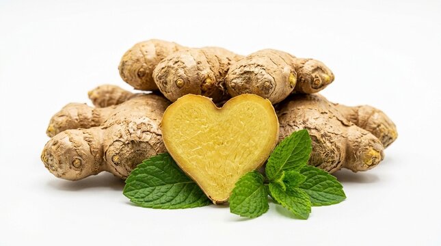 Fresh Ginger Root with Heart Shaped Slice and Mint Leaves Isolated on White