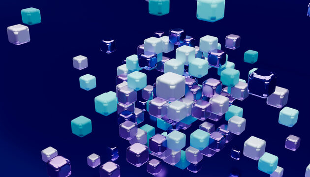 3d digital illustration of floating blue and purple cubes on dark
