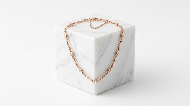 Elegant Rose Gold Diamond Station Bracelet on Marble Cube Display