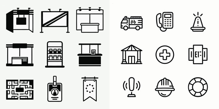 Exhibition booth and emergency service icon vector set with minimalist black outline symbols