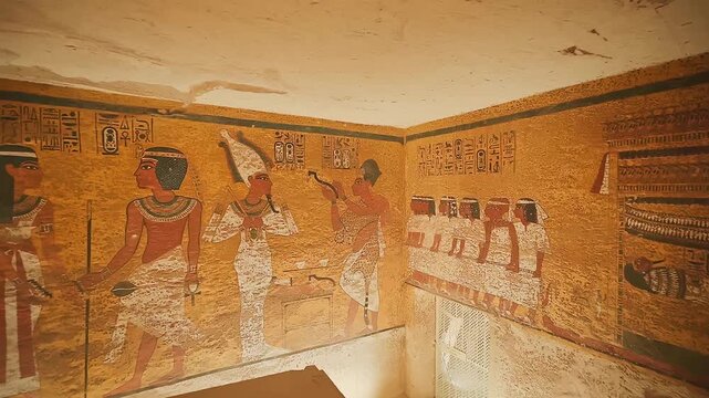 sculptural details on the wall of the temple of the Tutankhamun king, Luxor, Egypt.Tomb of pharaoh Tutankhamun in Valley of the Kings, Luxor, Egypt