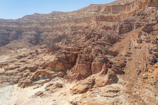 Aerial view of the rugged red sandstone cliffs and geological formations of Timna Park in Eilat, South District, Israel.
