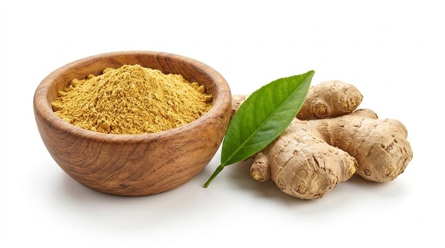 Fresh Ginger Root and Ginger Powder in a Wooden Bowl Isolated on White