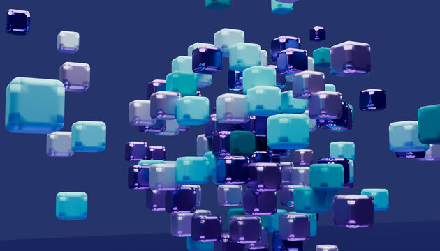 3d rendered abstract floating cubes in shades of blue and purple