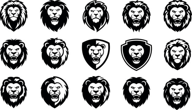 Powerful lion head mascot logos set featuring roaring wild animal face, king predator emblem, and shield icons vector