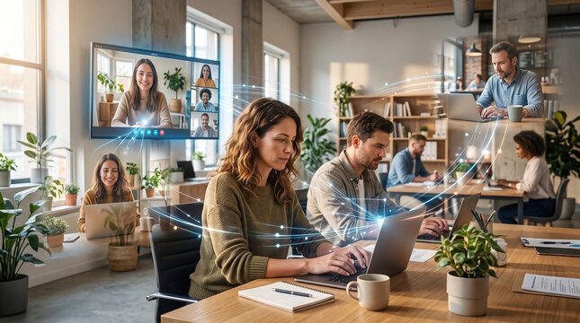Diverse Group Engages in Virtual Team Meeting via Video Conference Software with focus on remote work conferencing collaboration office environment.