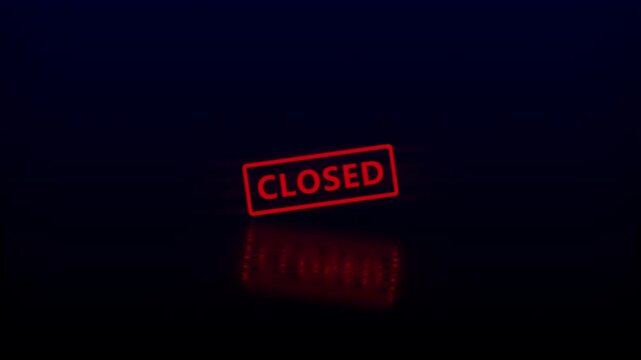 Neon red closed sign glowing in dark background, digital glitch effect animation